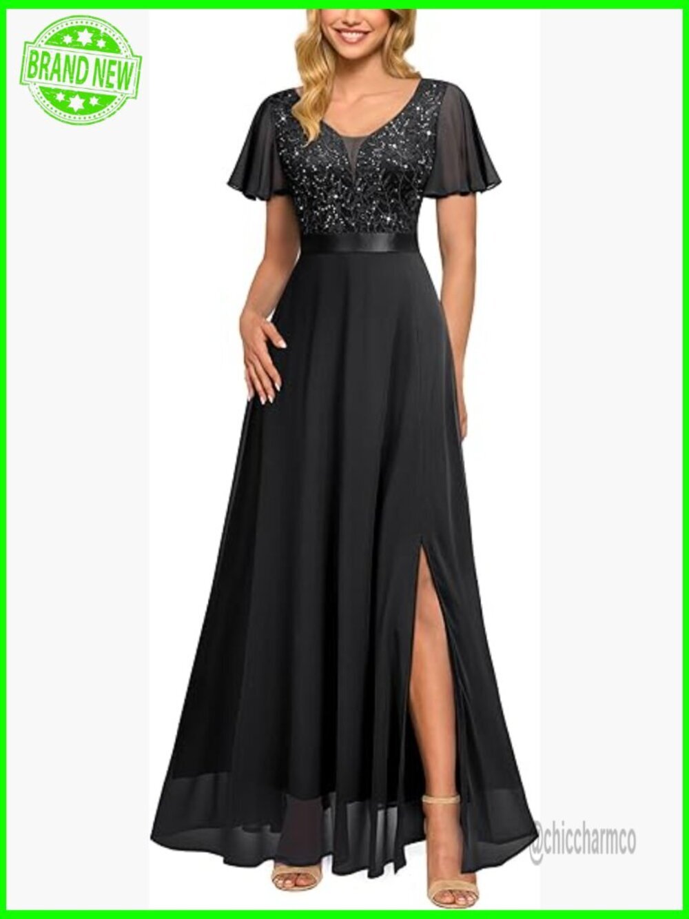V-Neck Sequin Lace Ruffle Sleeve Bridesmaid Maxi Dress Formal Gown
